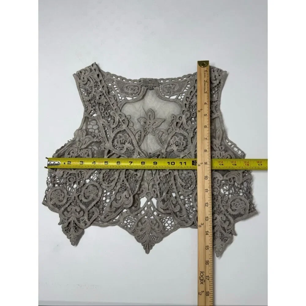 NILE Lace Crochet Vest Gray Boho Sheer Embroidered Tie Front Sz S Made in Italy
